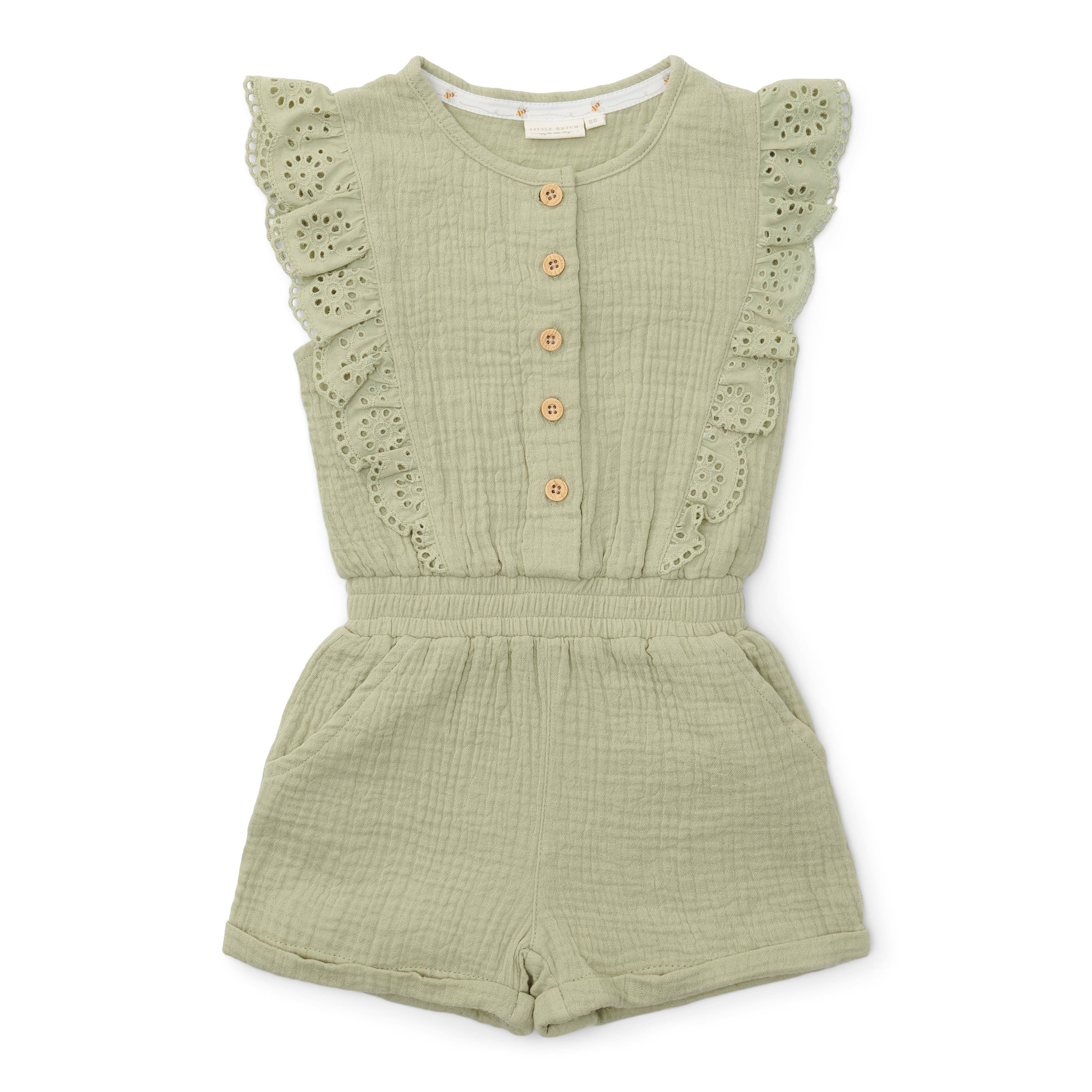 Little Dutch playsuit met ruches en broederie groen