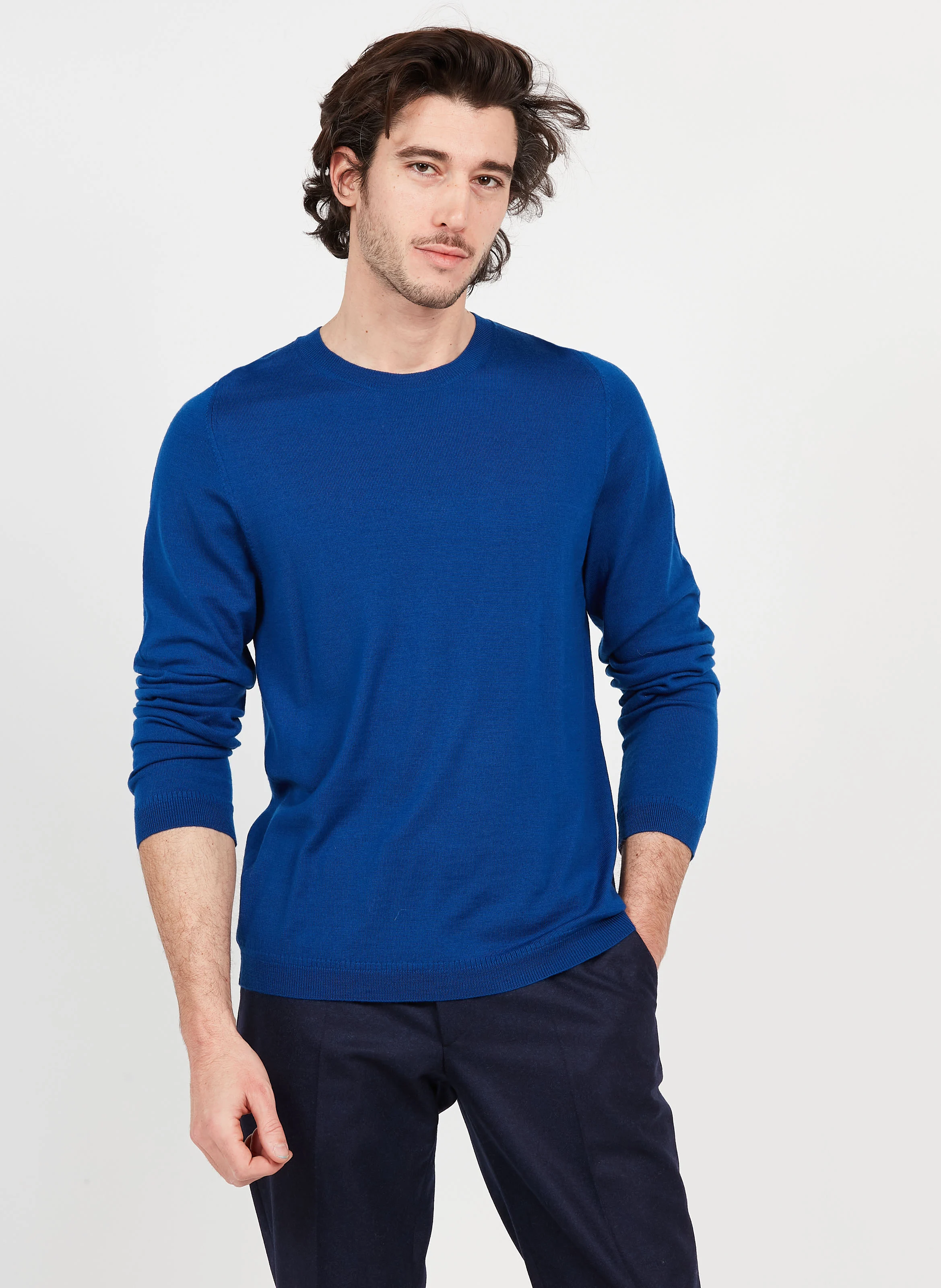 Pull col rond regular-fit en laine | Bleu