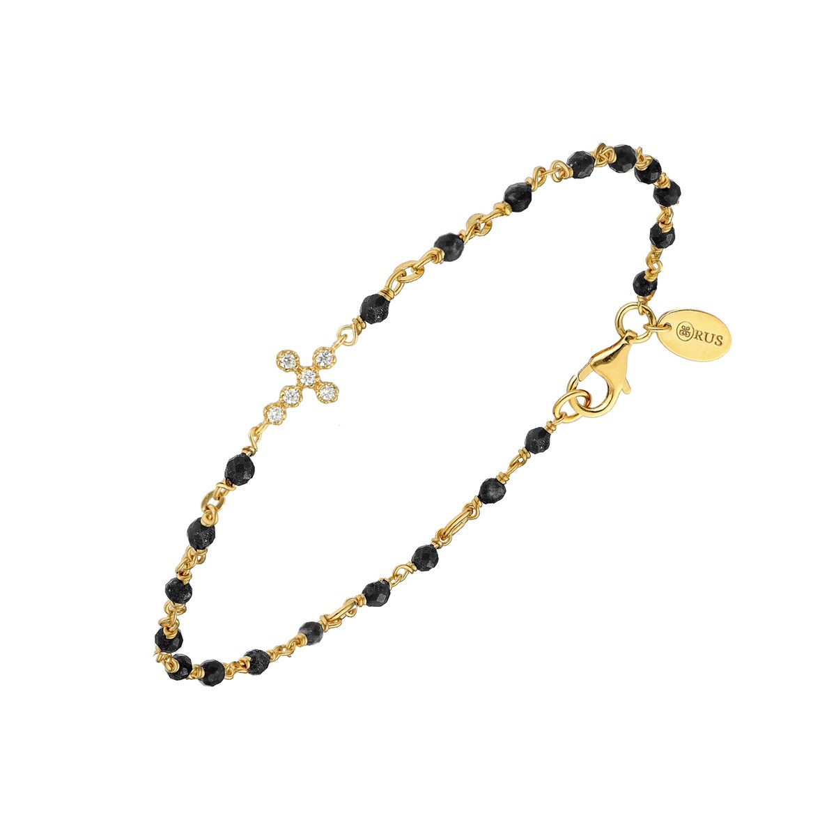 Bracelet Argent Doré Croix Zirconium Blanc Et Pierres Spinelle Noires