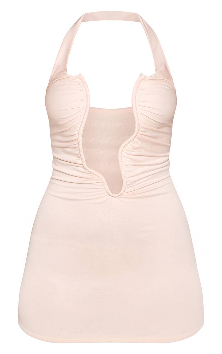 Crème Robe Mini Moulante Asymétrique À Décolleté Plongeant Structuré