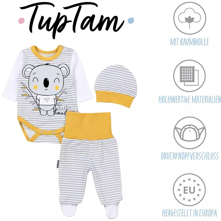 TupTam Baby Bekleidungsset Langarmbody Hose Mütze3 teilig graugelb