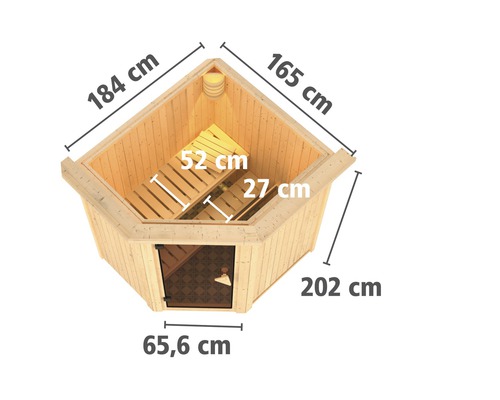 Plug & Play Sauna Karibu Achat III zonder kachel, met dakrand en volledig glazen deur van helder glas