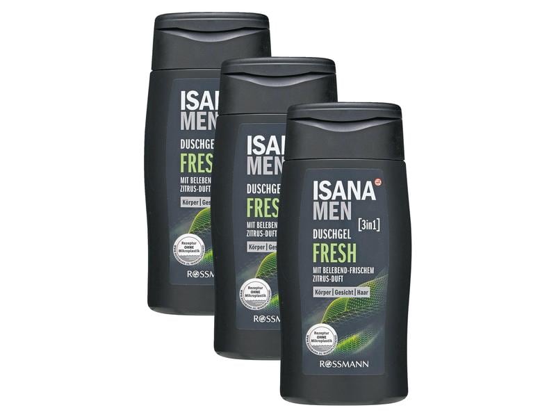 Isana men Duschgel Fresh Kit 3 x 300 ml Belebendes Duschmittel 3in1 mit erfrischendem Zitrus-Duft