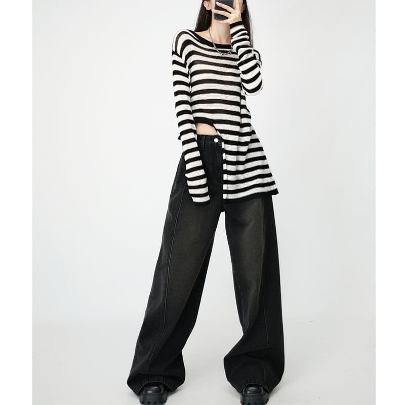 Bolgivy - High Waist Washed Wide Leg Jeans (Diverse designs)