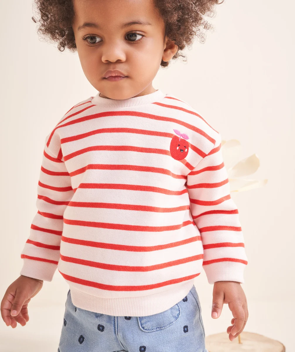 SWEAT BÉBÉ FILLE EN FIBRES RECYCLÉES RAYÉ ROUGE ET PATCH POMME
