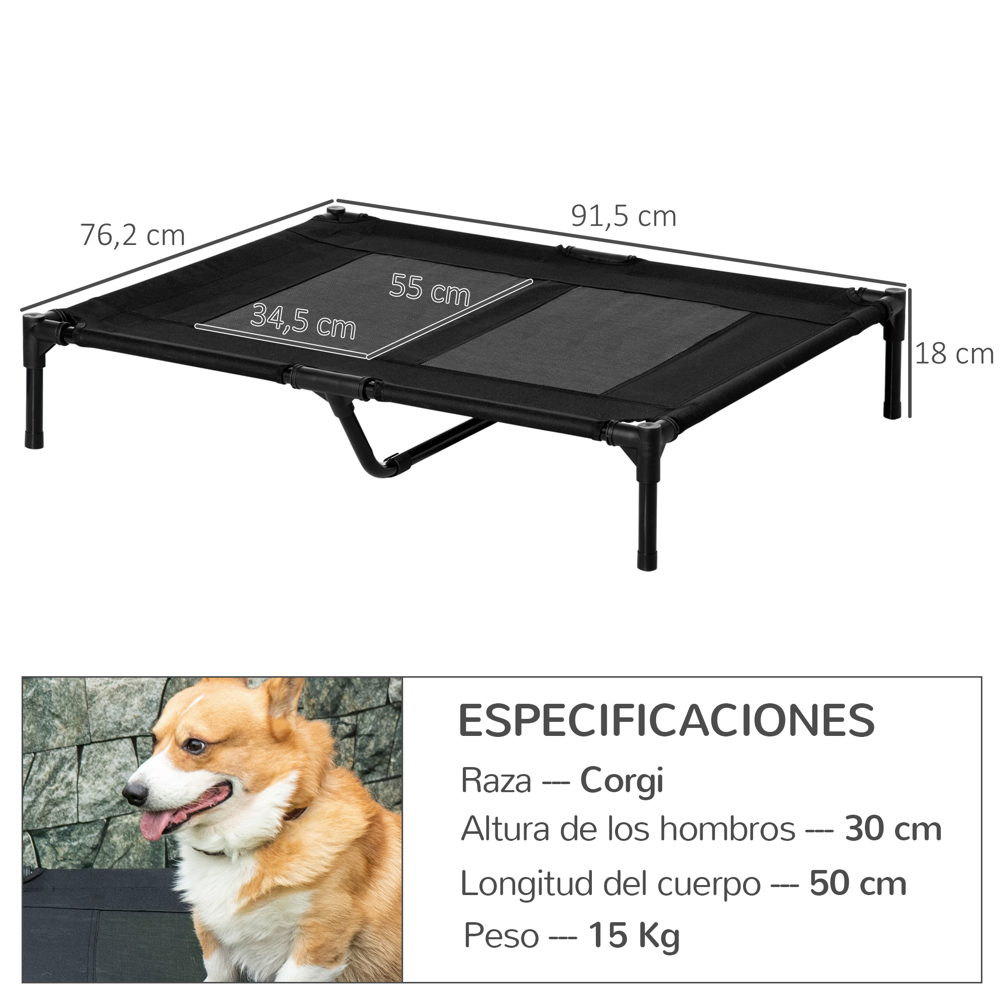 Cama elevada PawHut para cães e gatos, cama portátil com área de malha respirável e tecido Oxford para uso interno e externo, 92x76x18 cm, preta.