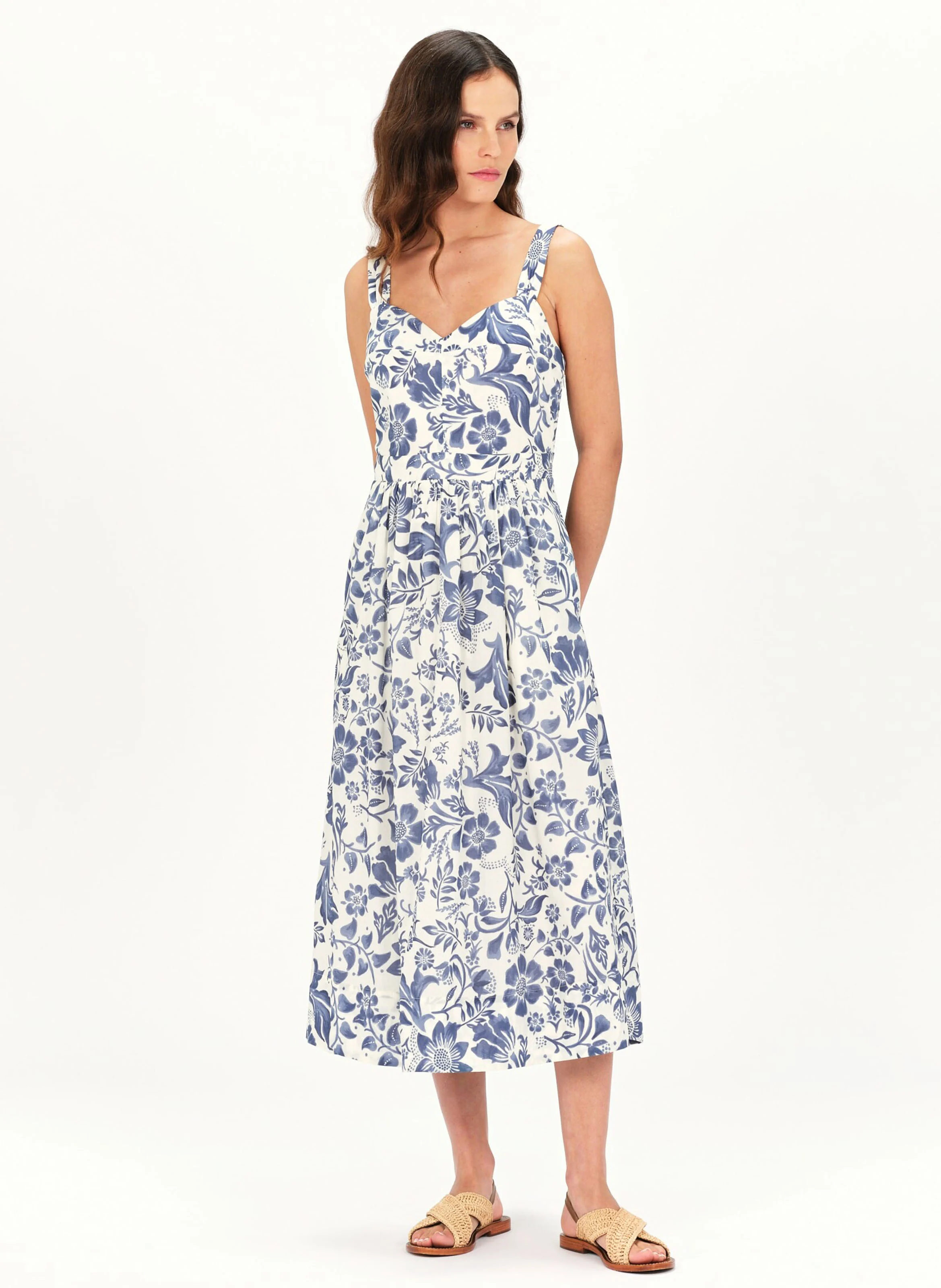RITZILON - Robe midi col V à imprimé floral en coton | Bleu