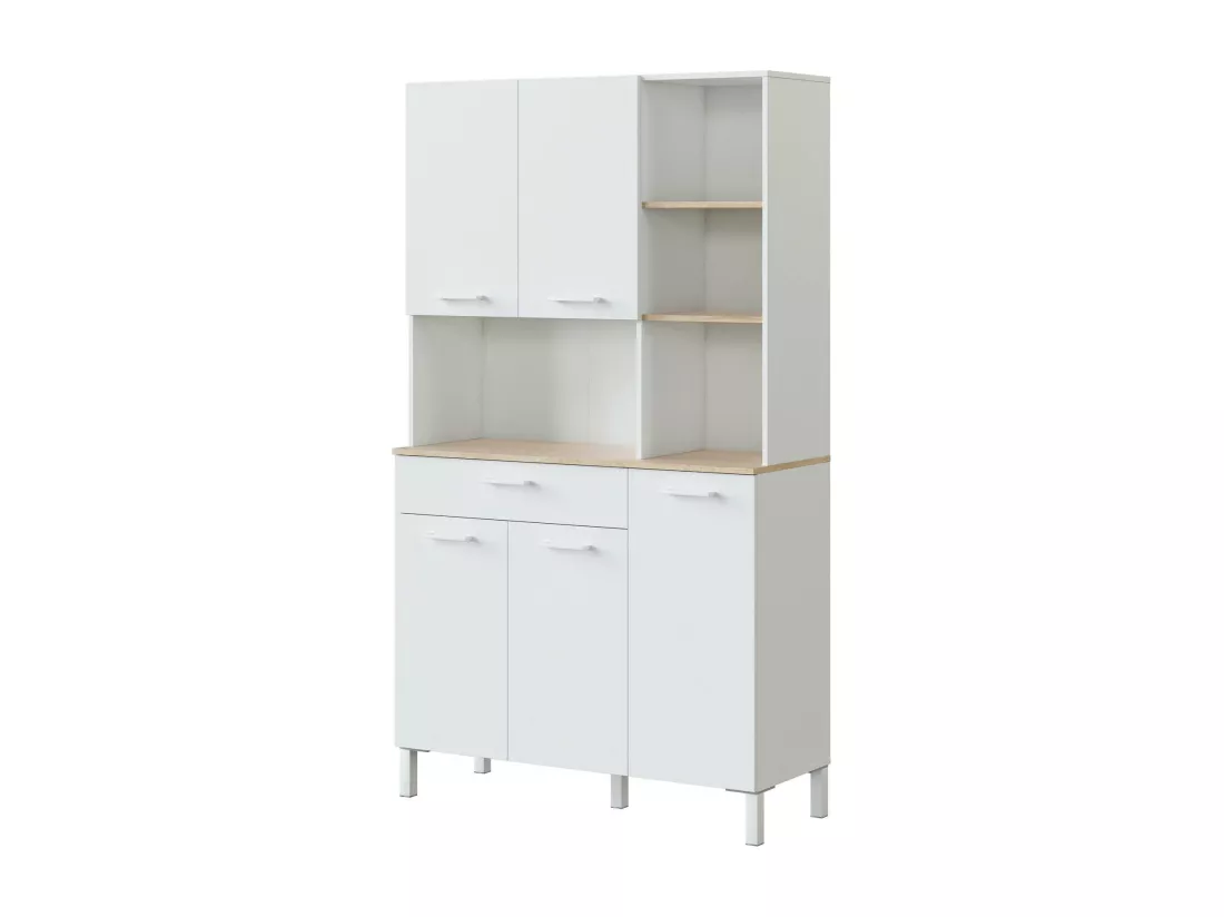 Armoire polyvalente Laredo, Armoire auxiliaire de cuisine, Buffet avec 5 portes et 1 tiroir avec étagères, Armoire ouverte, 108x40h186 cm, Blanc et Chêne