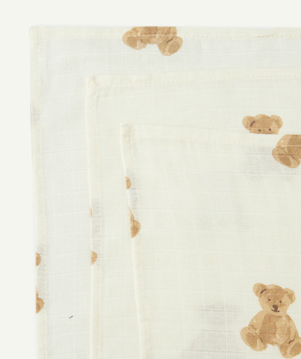 JOLLEINLOT DE 3 LANGES 70x70CM EN GAZE DE COTON IMPRIMÉ OURS