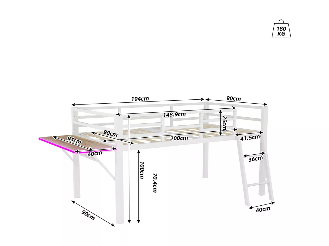 Lit mezzanine 90x200cm en métal avec LED - avec bureau abattant et sommier à lattes - Blanc