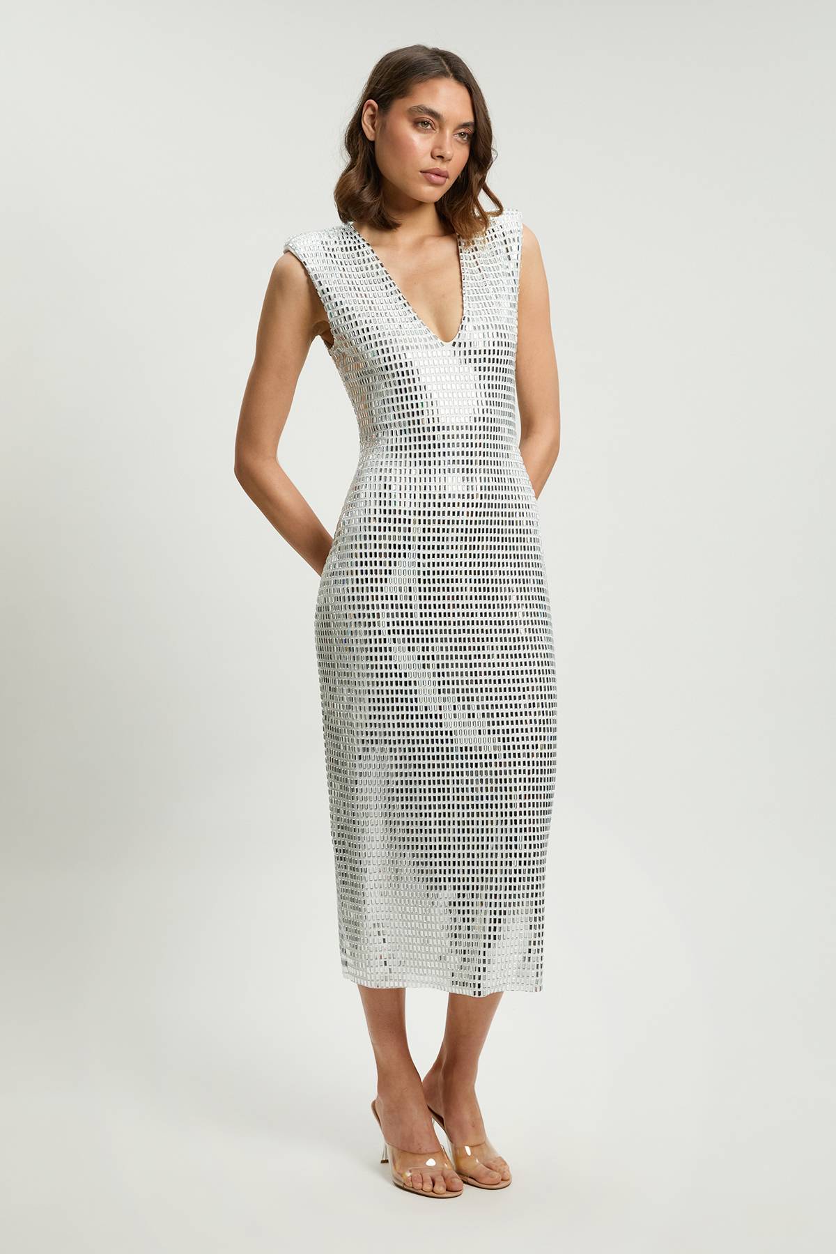 KarenMillen Robe Midi Premium En Jersey À Encolure Plongeante Sans Manches Ornée De Cristaux