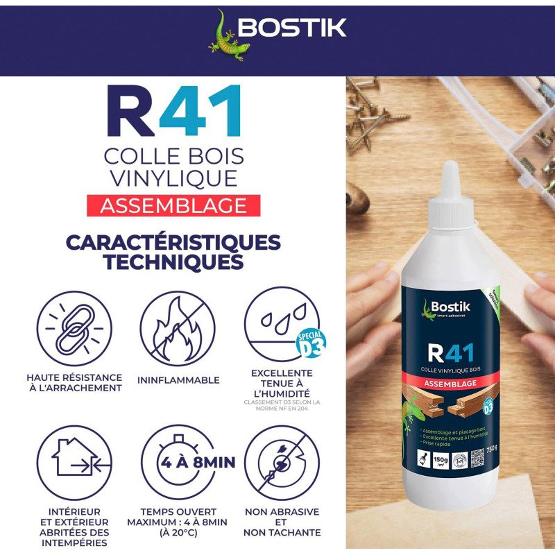 Colle à bois vynilique R41 D3 Bostik - Flacon de 750 g