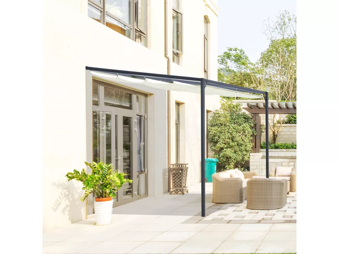 Pergola adossable retractable dim. 3L x 3l x 2,3H m pavillon de jardin toile polyester haute densité crème structure métal époxy gris