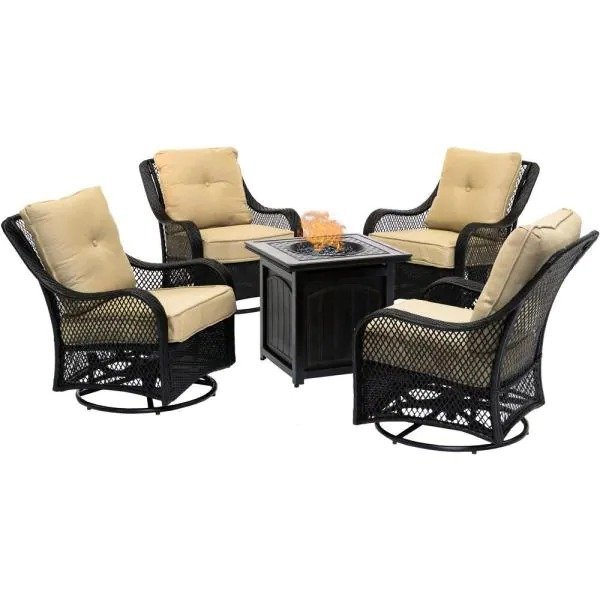 3/5-Piece Steel Patio Fire pit Conversation Set with Sahara Sand Cushions and 26 in. Square Fire pit Side Table