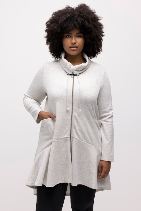 Long-Sweatjacke, Fischgrat, Volantsaum, Stehkragen