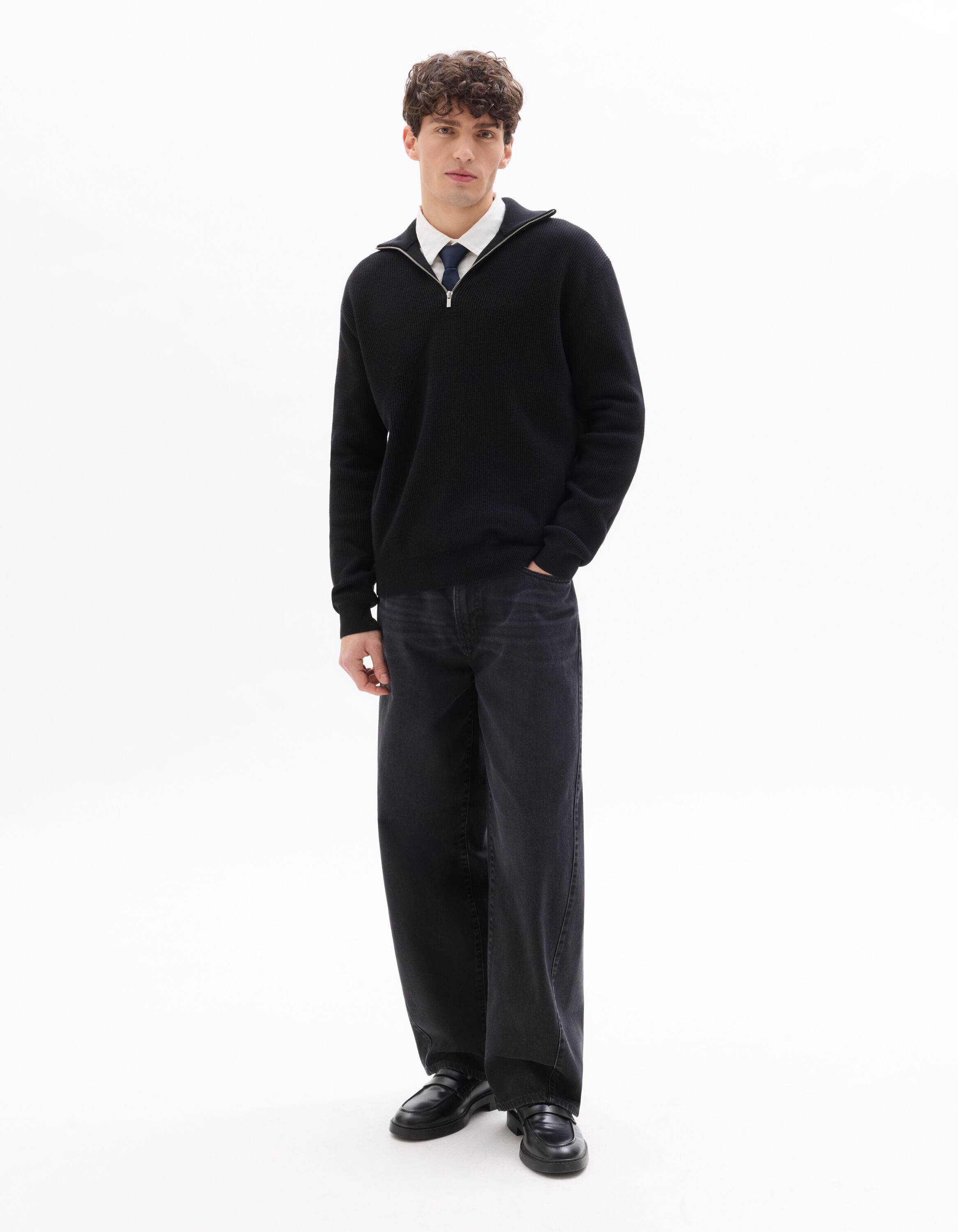 Pull col montant zippé côtelé - noir
