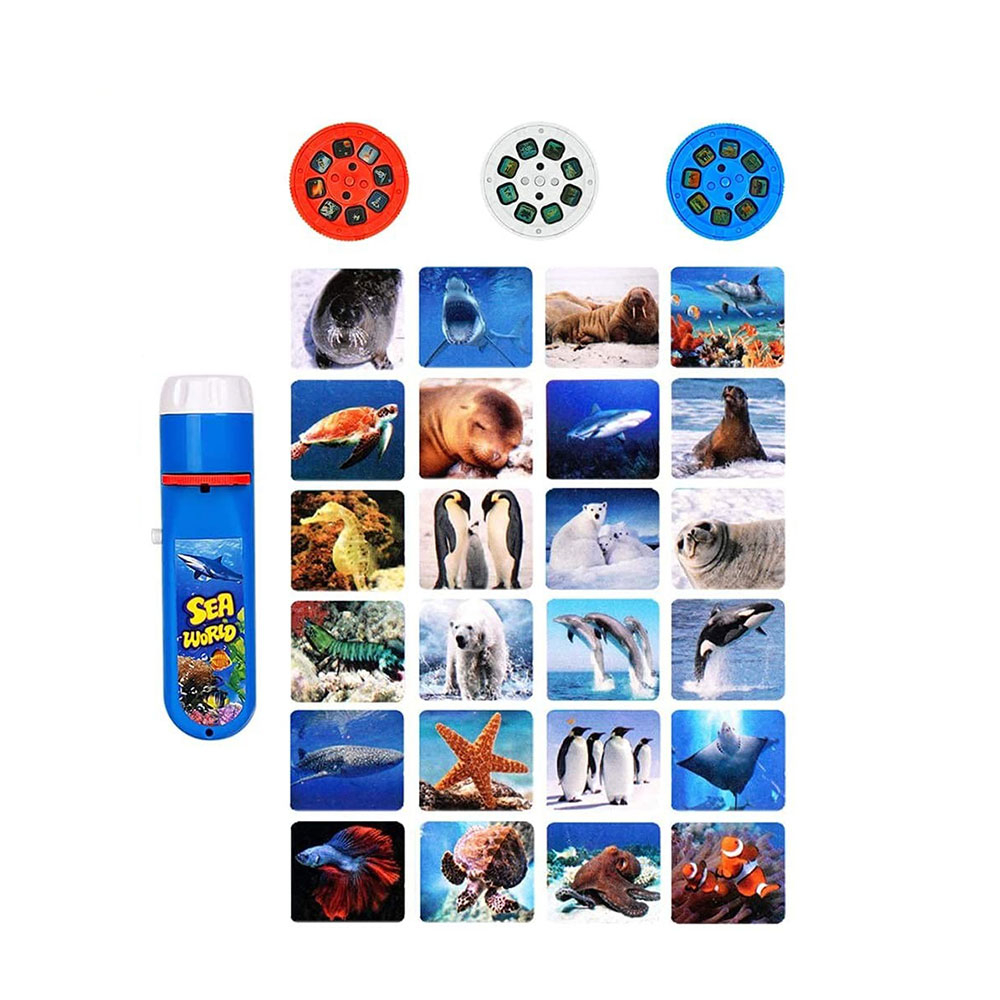 (2er Set) Kinder Taschenlampe Beamer Projektor Spielzeug Diashow mit Wildtieren   Unterwasserwelt (Batteriebetrieben) - Blau / Gelb