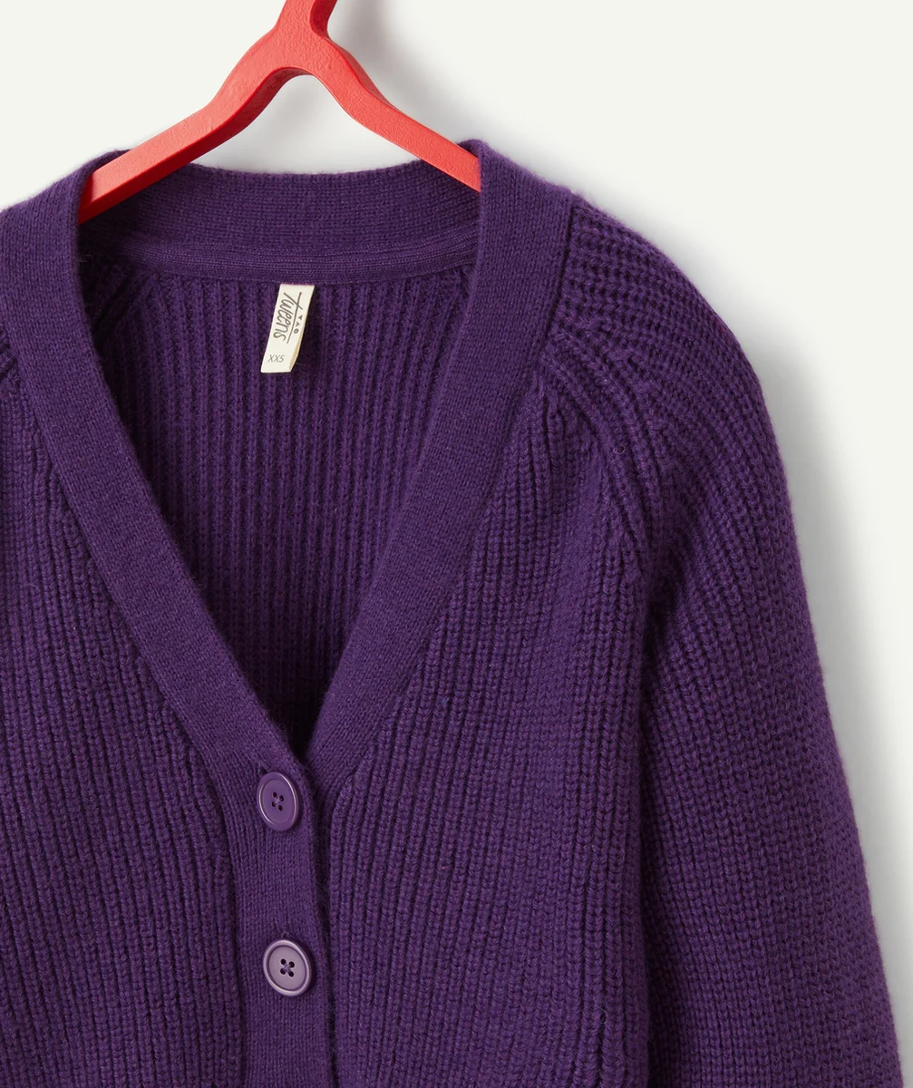 CARDIGAN TRICOT FILLE EN FIBRES RECYCLÉES VIOLET AVEC BOUTONS