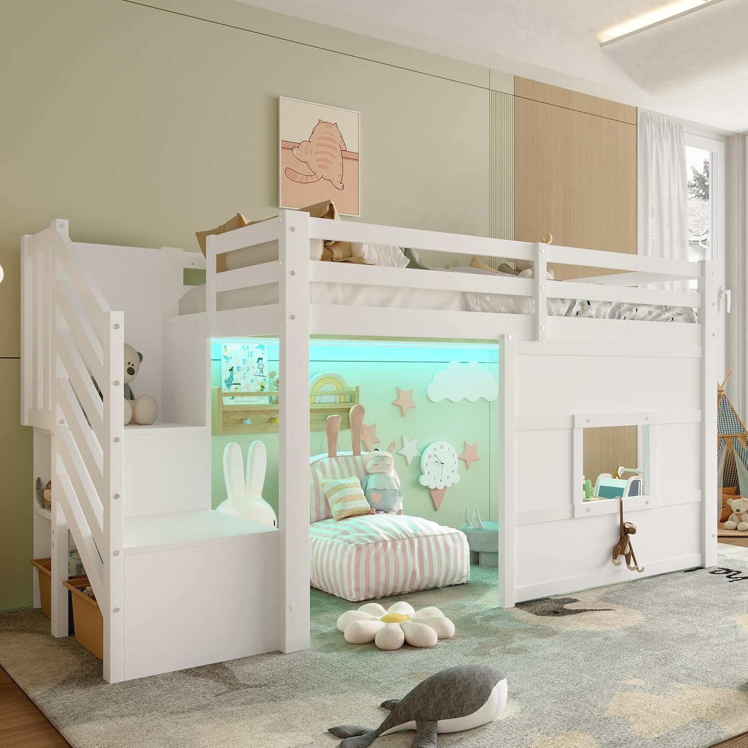 Kinderbett 90x200 cm mit Stauraumtreppe, Halbhohes Hochbett mit Fenster, Funktionsbett mit Regal, Spielbett mit LED, Holzbett mit Lattenrost, ohne Matratze, Weiß