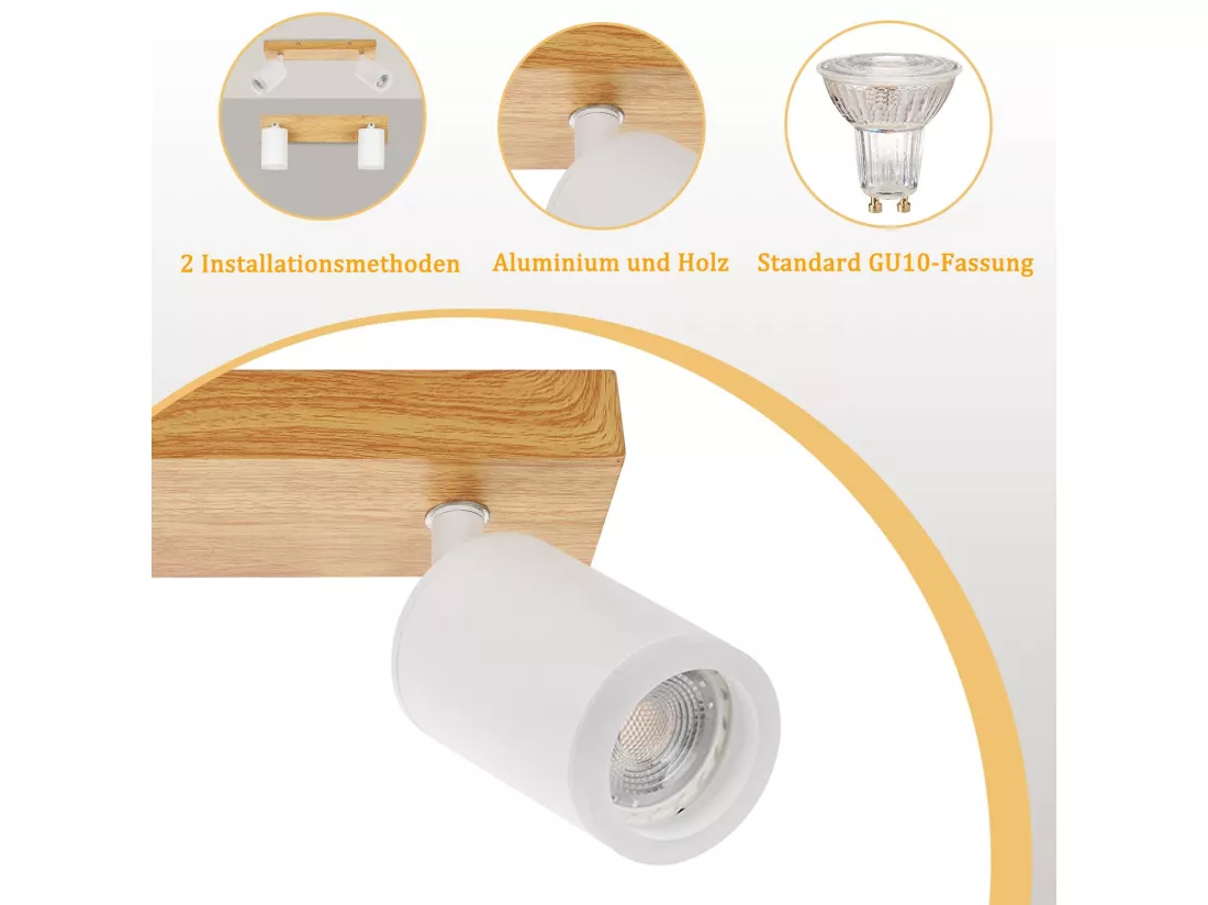 NETTLIFE Spot de plafond blanc GU10 spot mural en bois vintage pivotant sans ampoule orientable à 350° industriel