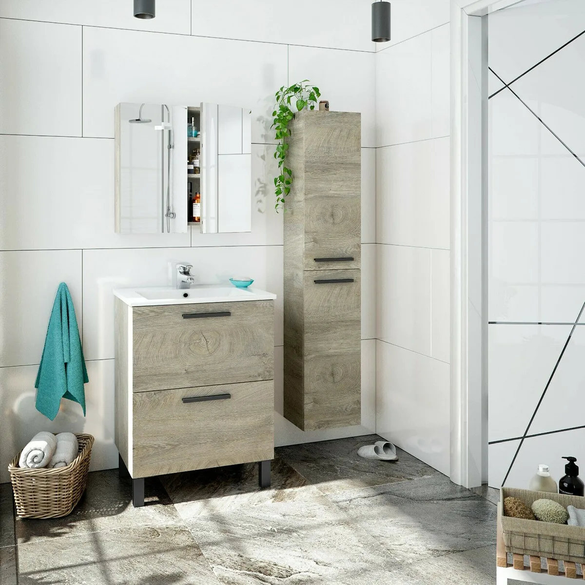 Colonne salle de bain Pegane - Alaska chêne 2 portes