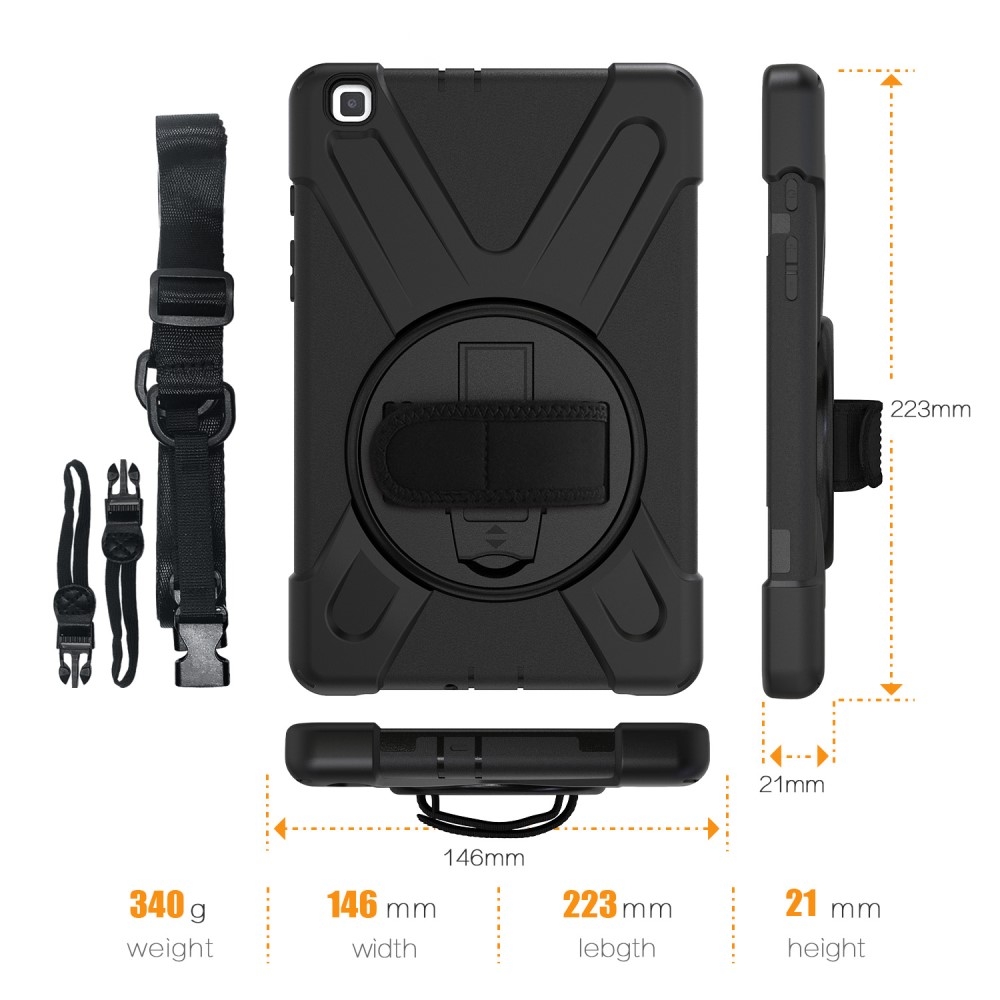 Samsung Galaxy Tab A 8.0 (2019) Hybrid Outdoor Silikon Case Hülle mit Aufsteller und Handschlaufe und Schultergurt - Schwarz
