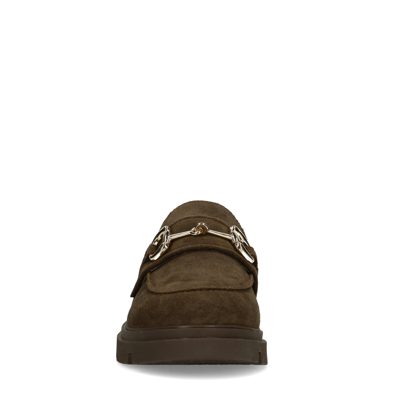 Bruine suède loafers met goudkleurig detail