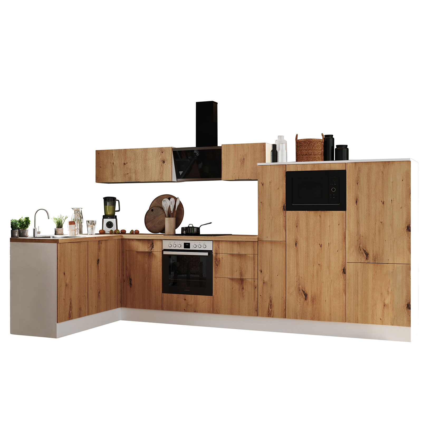 RESPEKTA Winkelküche - Artisan Eiche - weiß matt - mit E-Geräten - 370x175 cm