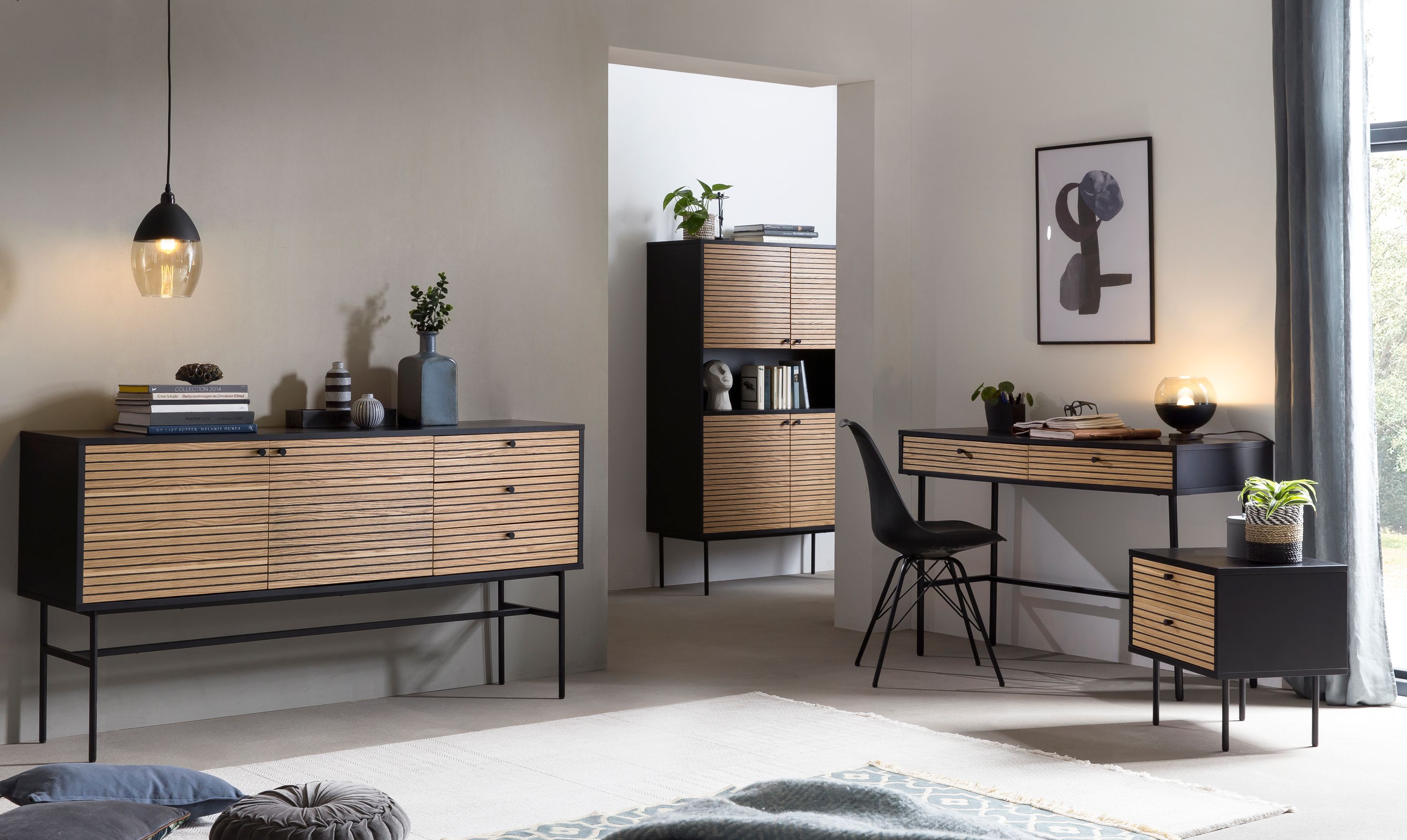 Nachtkommode Schwarz/Eiche Echtholzfurnier Nachtschrank Nako Beistelltisch