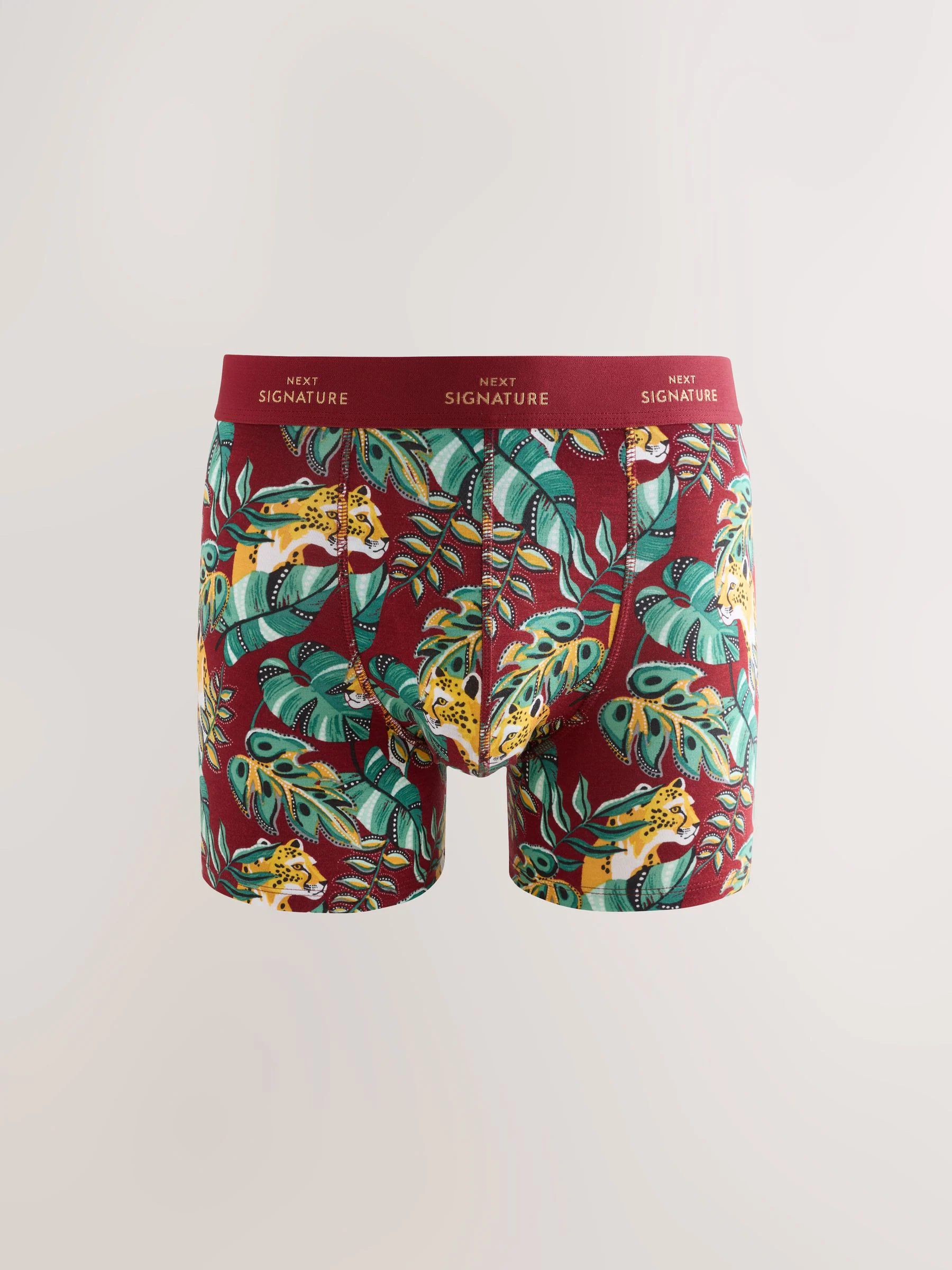 Groen/blauwe blad- en dierenprint - Signature katoenrijke boxershorts verpakking van 4