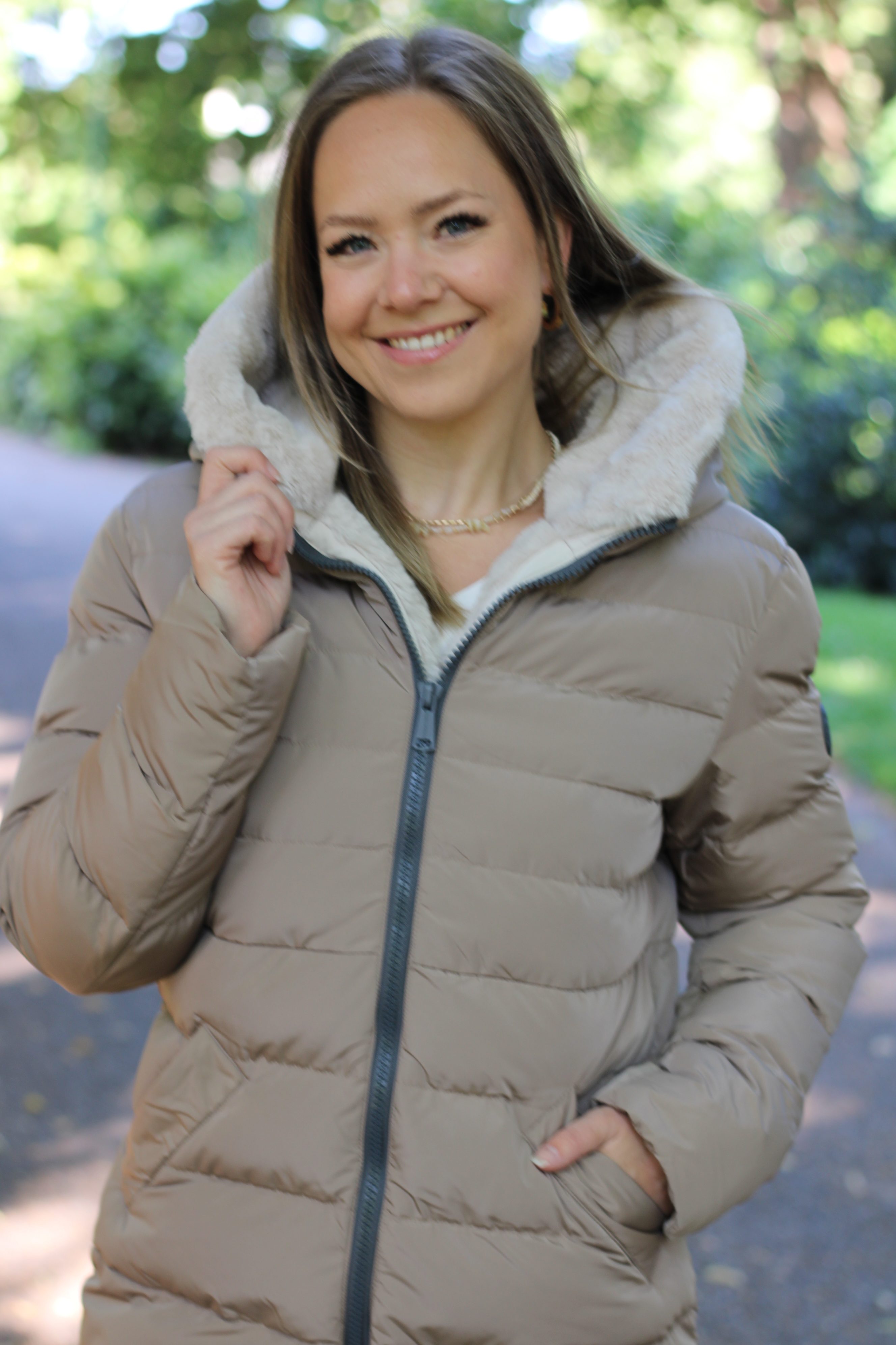 Rino & Pelle - Keila Fur Long Padded Hooded Coat - Toffee/Stone