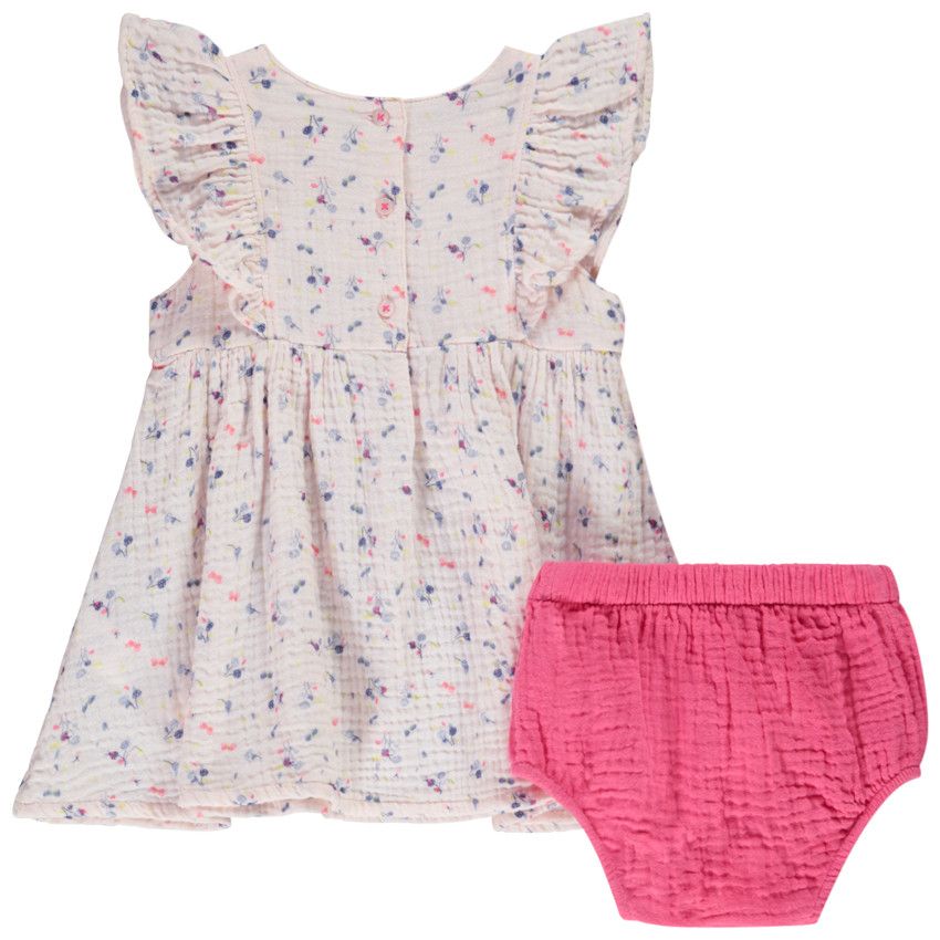 Ensemble robe + bloomer en double gaze de coton pour bébé fille - Rose