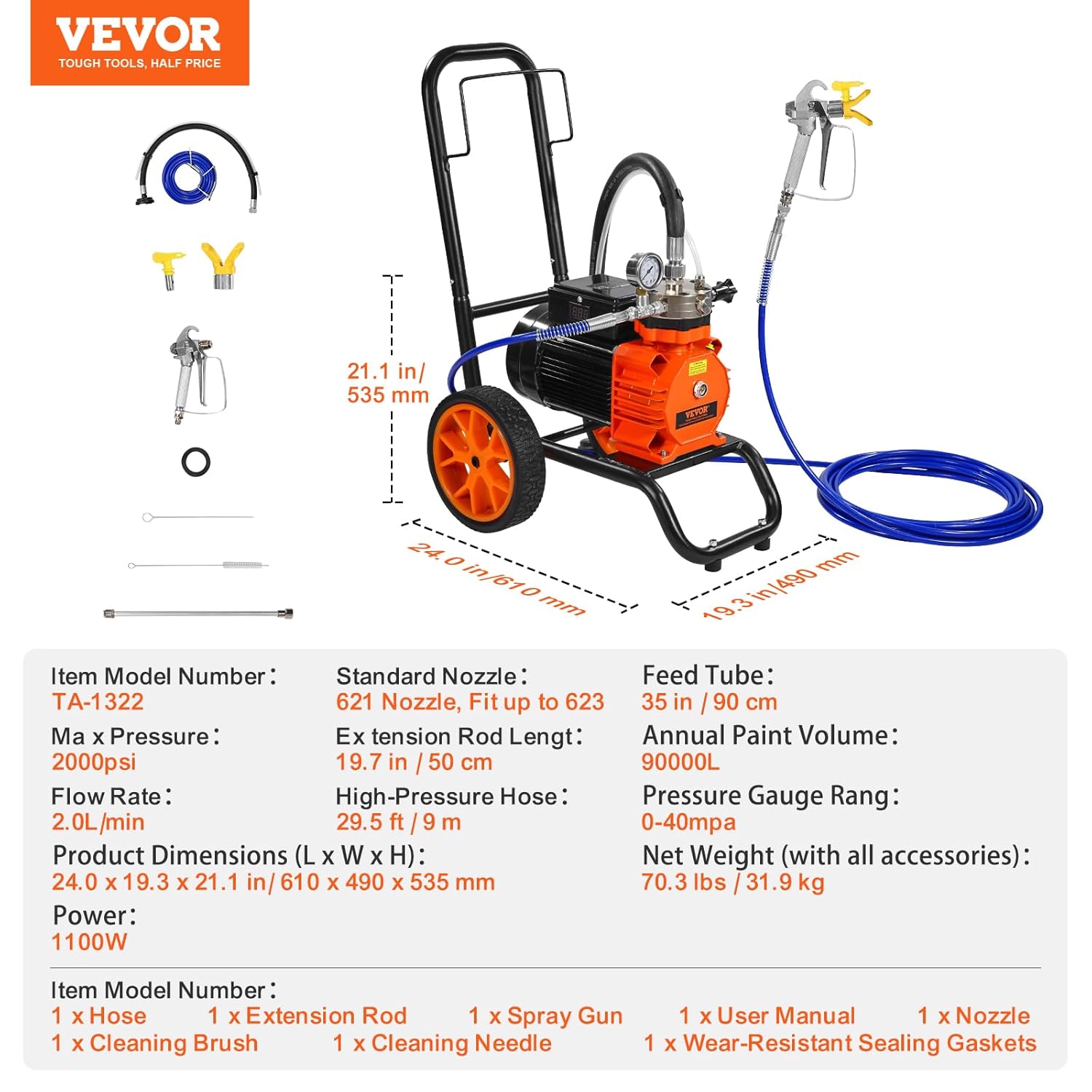 VEVOR Airless-Farbspritzgerät mit Membran, 1100 W effizientes Sprühsystem, 2000 psi Druck, Verlängerungsstange, 2 L/min Hochdruck