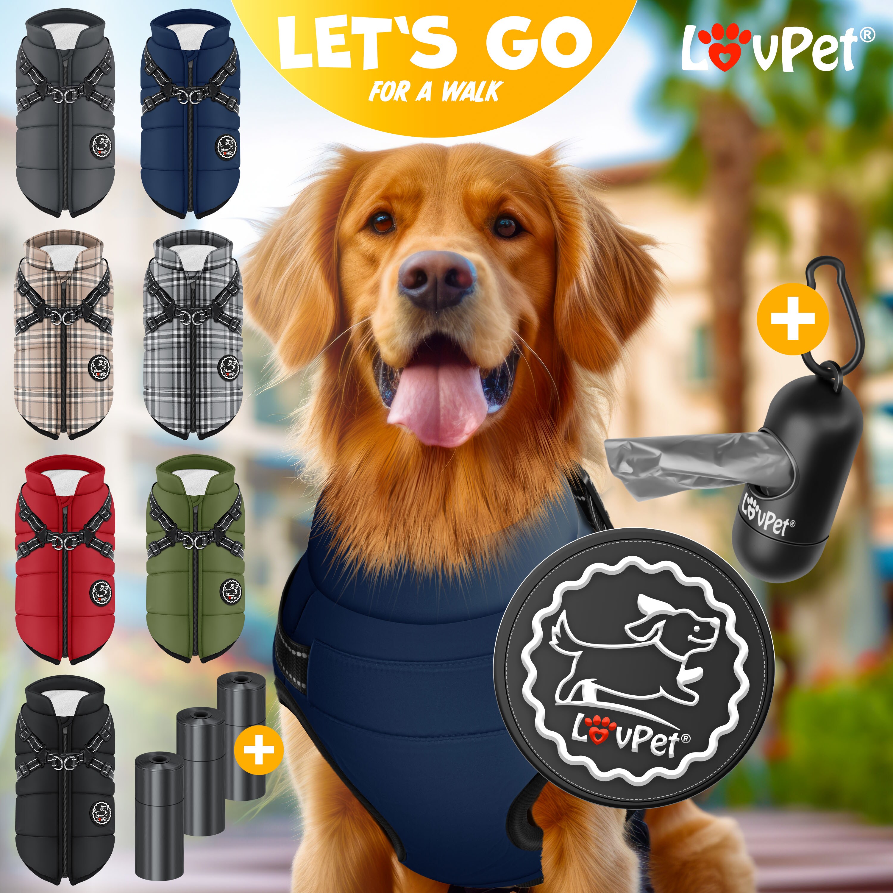 LOVPET® Hundejacke Hundemantel mit Geschirr, inkl. 45 Stück Kotbeutel + Spender, Hunde Winterweste gefüttert wasserdicht, Gepolsterte Weste Mit Brustgurt, Reflektoren, D-Ring