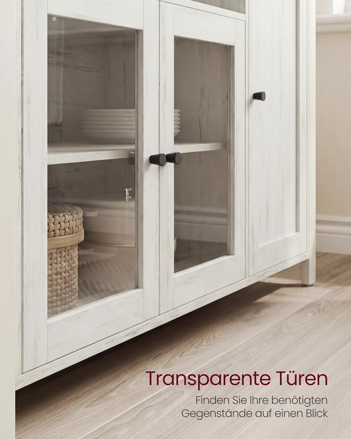 VASAGLE Sideboard, Küchenschrank, Aufbewahrungsschrank, mit 3 Türen, für Wohnzimmer, Küche, Esszimmer, 33 x 110 x 75 cm, Landhausstil, honigbraun-vintageweiß LSC096WJ02