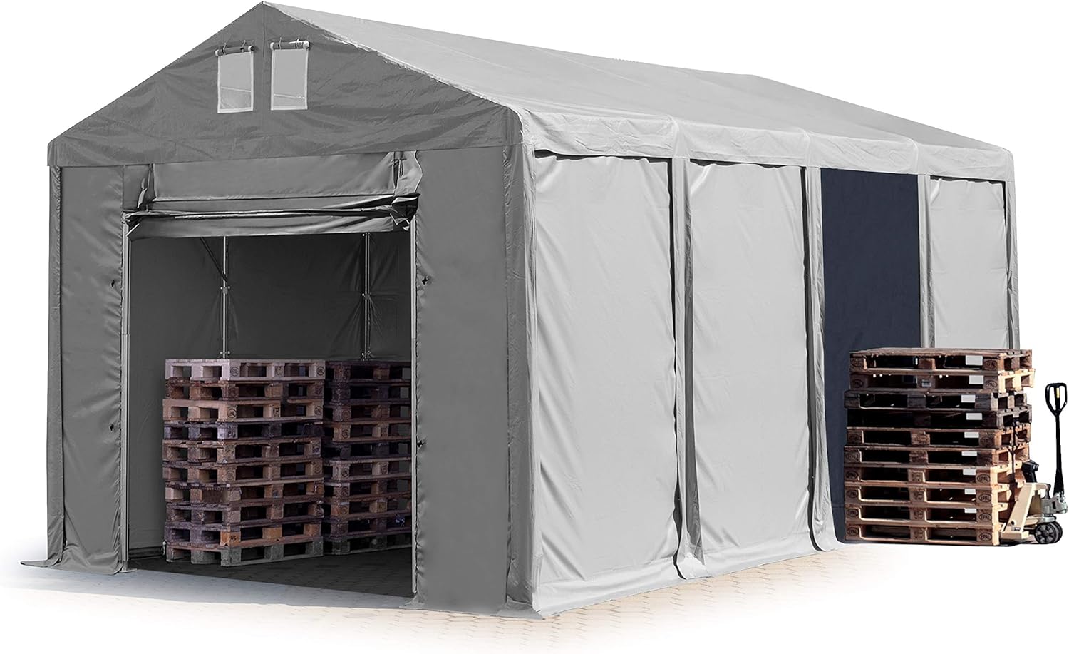 TOOLPORT Lagerzelt Industriezelt 4x8 m Zelthalle mit 3m Seitenhöhe PVC Plane 850 N grau wasserdicht Ganzjahreszelt mit Hochziehtor
