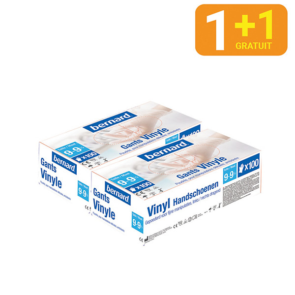 1 + 1 Gants jetables vinyle poudrés Premium Bernard taille 9, boîte de 100