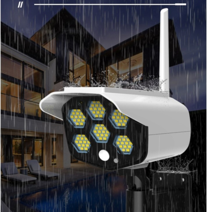 Dummy Outdoor Solar Sicherheitskamera Überwachungskamera Attrappe mit LED Beleuchtung und Fernbedienung inkl. Wandhalterung (IP66) - Weiss
