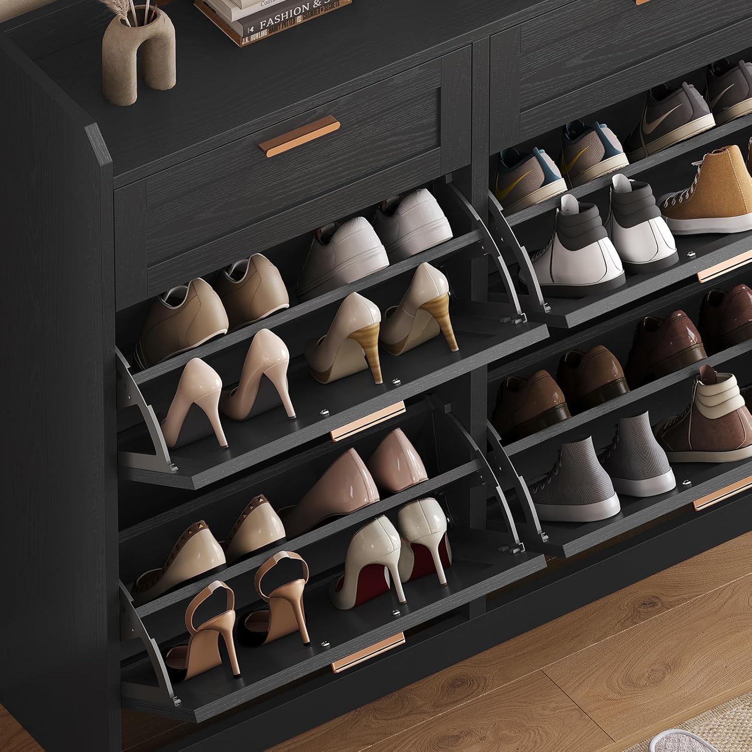 Meuble Chaussure Entrée, Porte Chaussures avec 4 Tiroirs Rabattables et Cloisons Réglables, 2 Tiroirs, Pour 16-24 Paires, Armoire à Chaussure pour Entrée, Couloir, Dressing, 24 x 100 x103 cm, Noir IB1609327