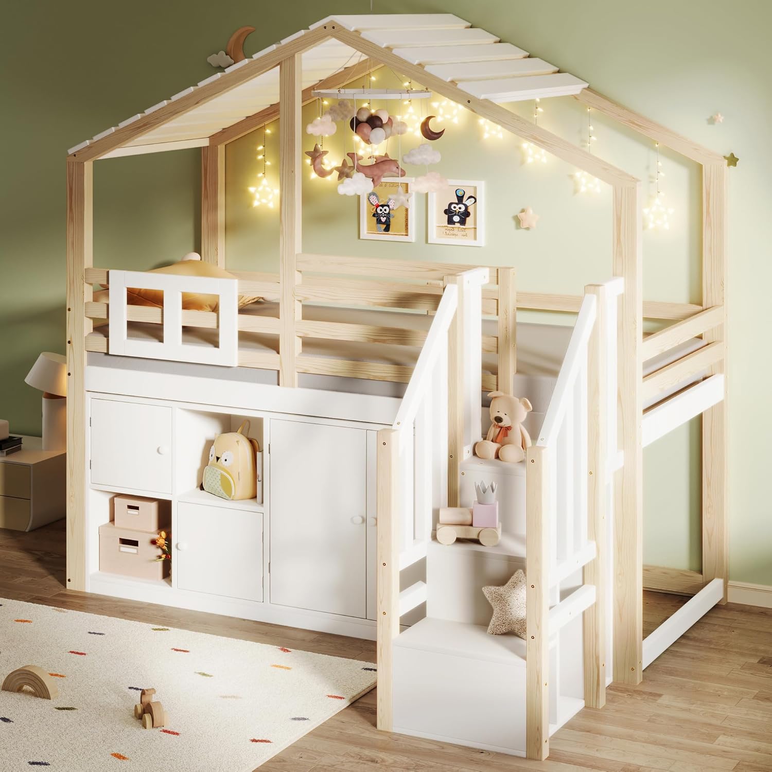 Kinderbett Hochbett 90x200 cm mit Dach und Treppe, Hausbett Etagenbett mit Rausfallschutz und Stauraum, Einzelbett Holzbett mit Fenster und Stauschrank, Weiß+Natur, Ohne Matratze