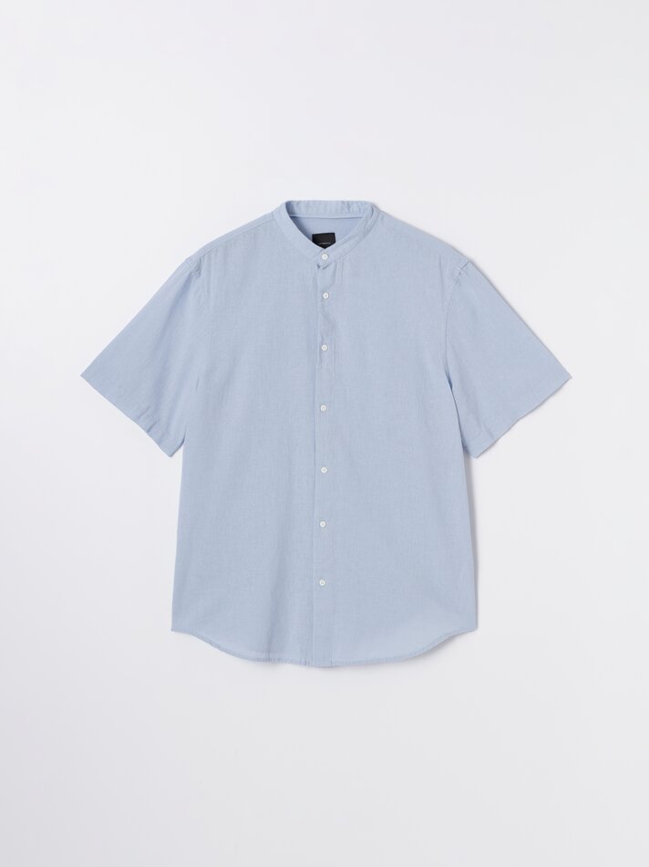Camisa de manga curta em algodão e linho - Azul claro