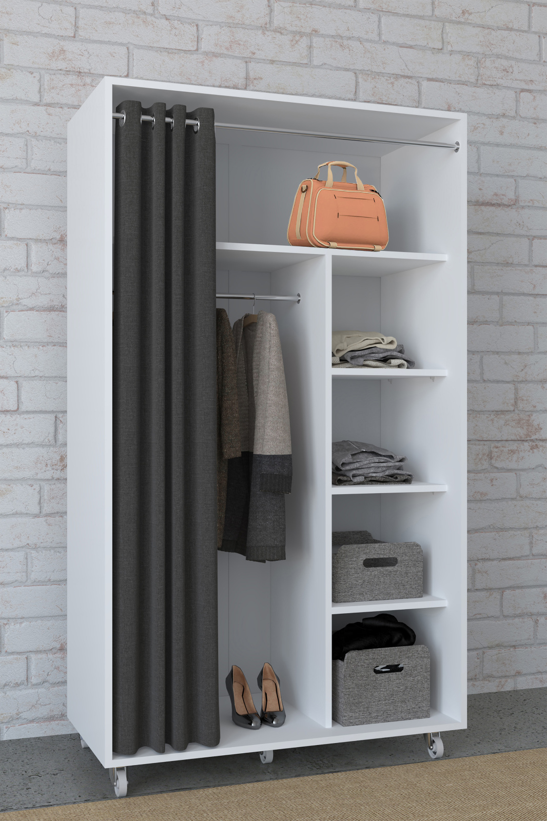 Schrank OSTILA - weiß - mit Vorhang und Rollen