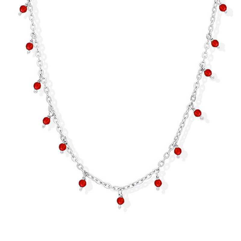 Collier Argent Rhodié Perles Pierre Onyx Rouge