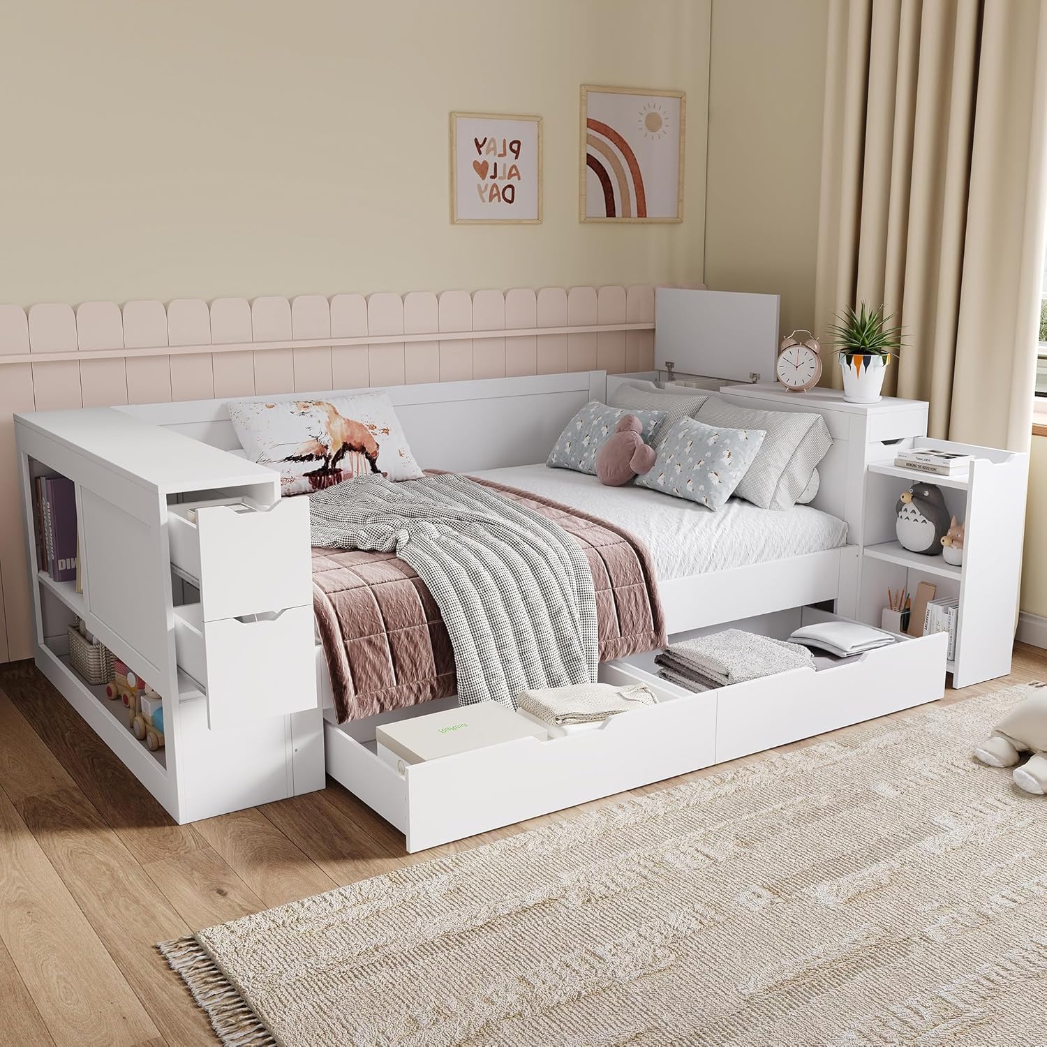 Kinderbett 90x200 cm, Einzelbett mit Regalen und Stauschrank, Stauraumbett mit Schubladen, Bettkasten mit Nachttischen, für Erwachsene und Jugendliche, Weiß, ohne Matratze