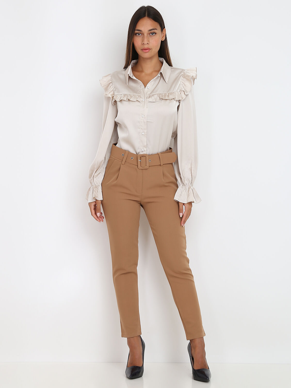 Pantalon à pinces ceinturé- Camel