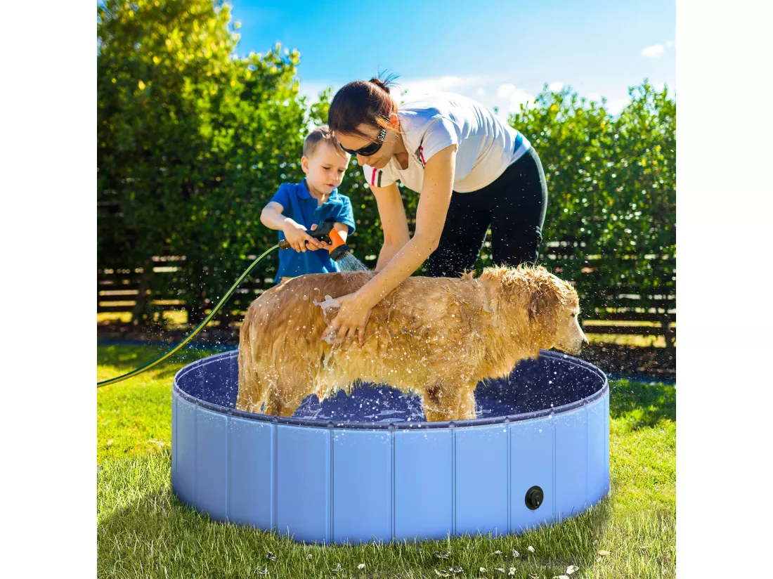 Piscine pour chiens bassin pliable bouchon vidange fond antidérapant diamètre 1,20 m bleu