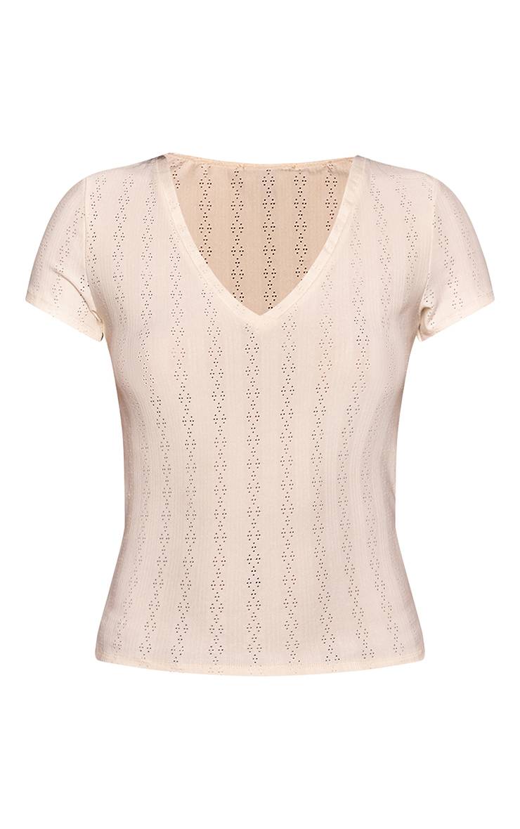 Crème T-shirt À Manches Courtes Avec Détail Col V En Maille Pointelle