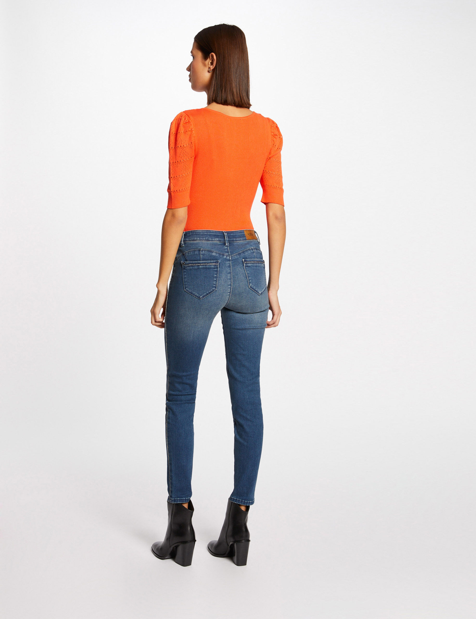 Pull manches courtes avec col en V orange femme - orange