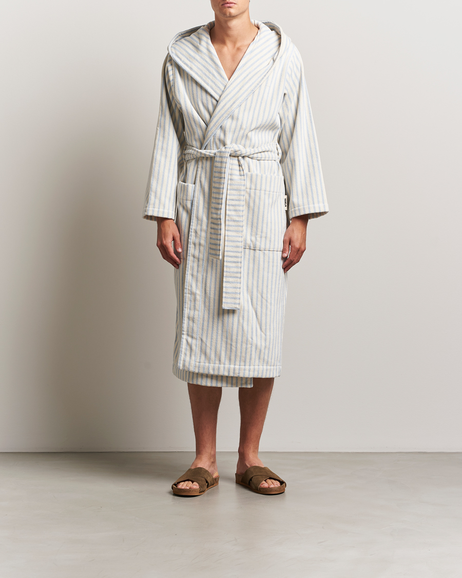 Tekla Organic Terry Hooded Bathrobe Soft Blue Stripes