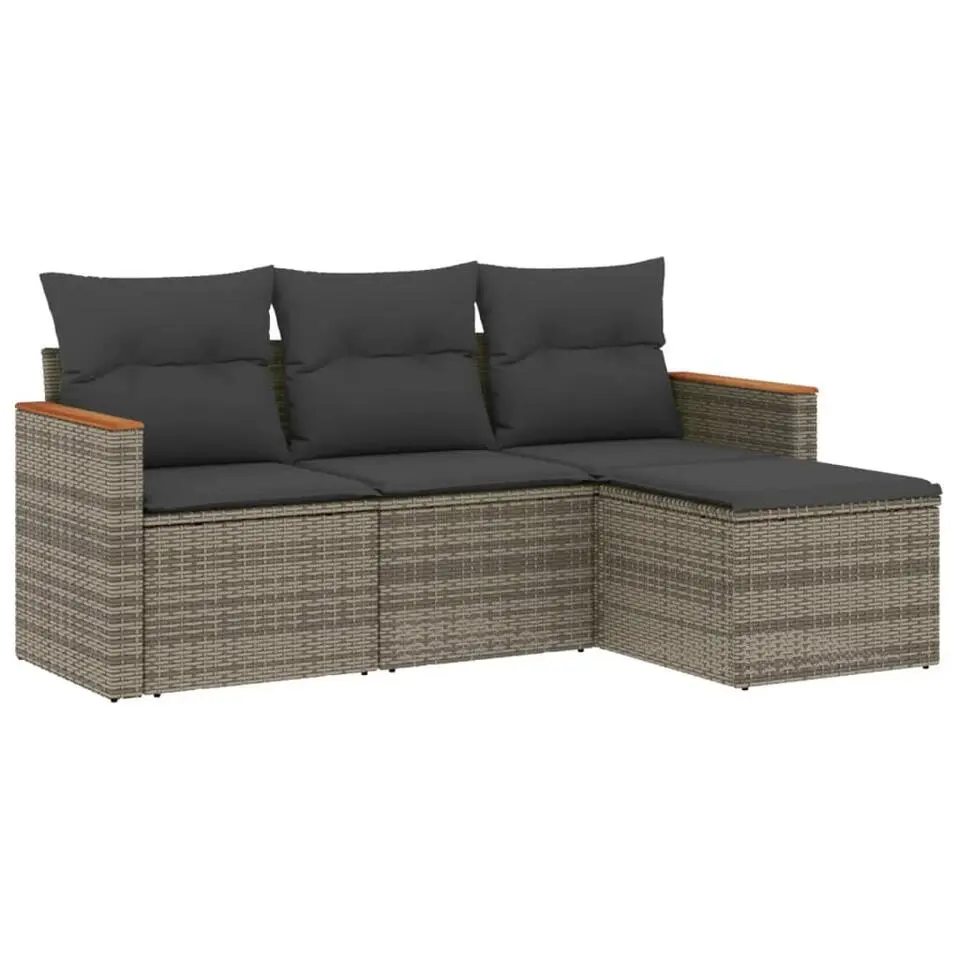 vidaXL 4-zits Loungeset met kussens en kruk - Grijs - Poly rattan